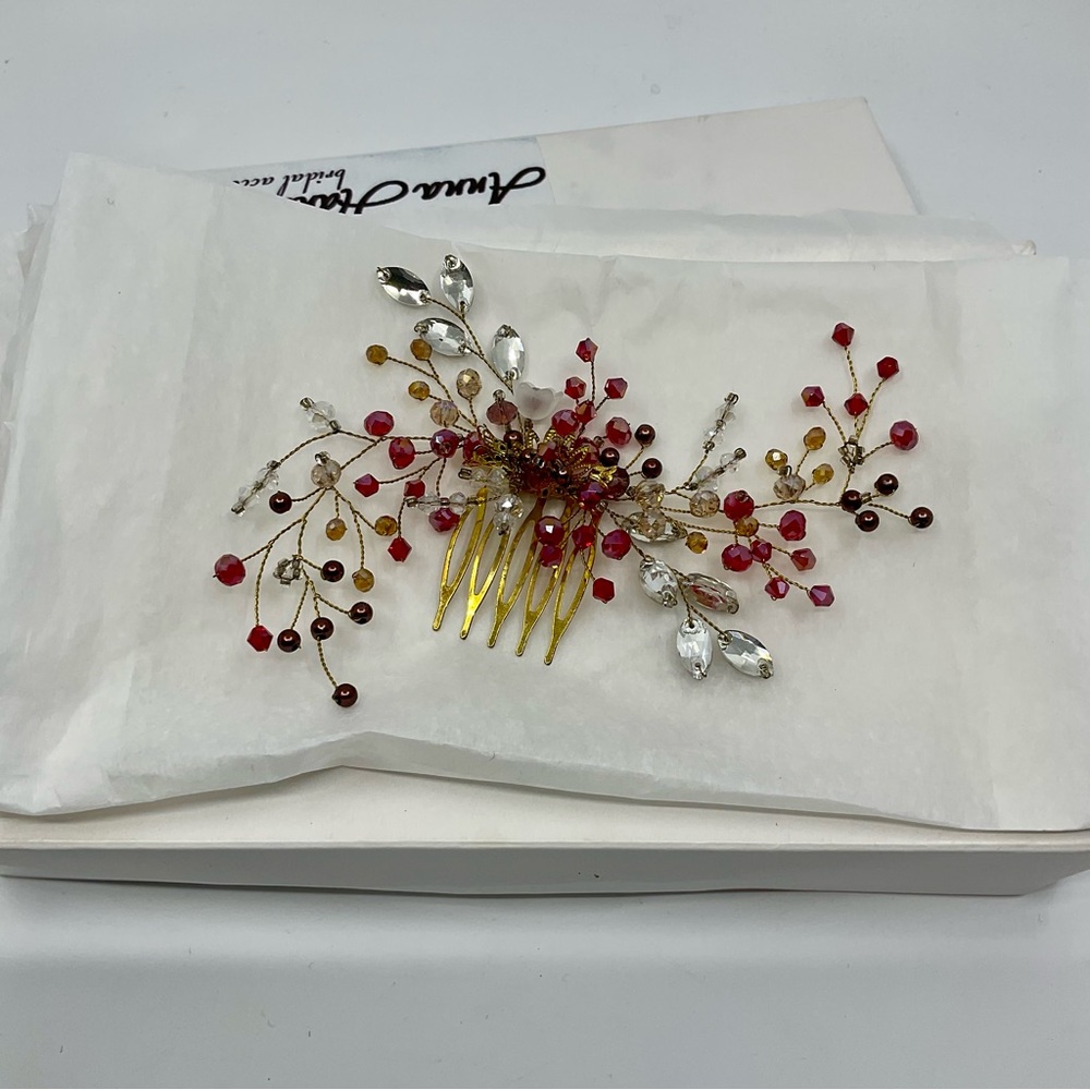 Anna Handwellery Handmade Crystal Beaded Hair Comb Headpiece Goldtone Red Bridal